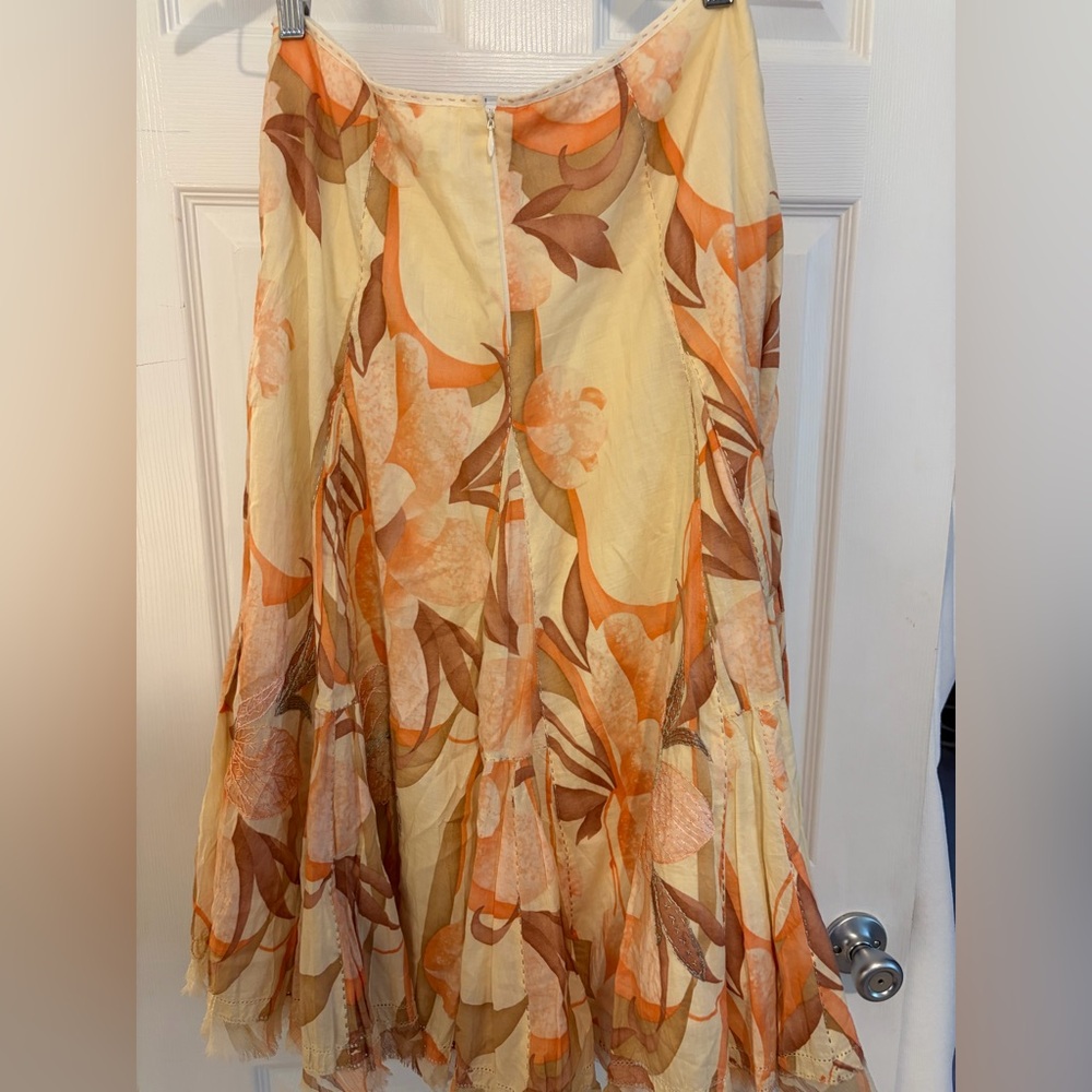 Elie Tahari Orange and Brown Floral A-Line Skirt